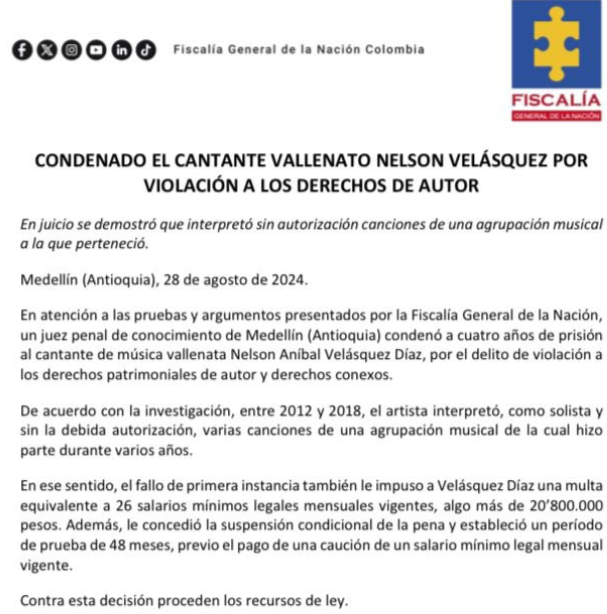 Nelson Velásquez Condenado Por Violación De Derechos De Autor